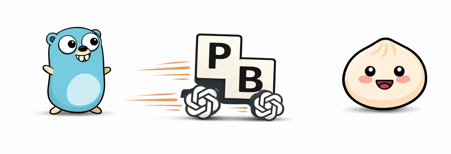 PB Logo driving on OpenAI wheels from the Golang to the Bun logo.